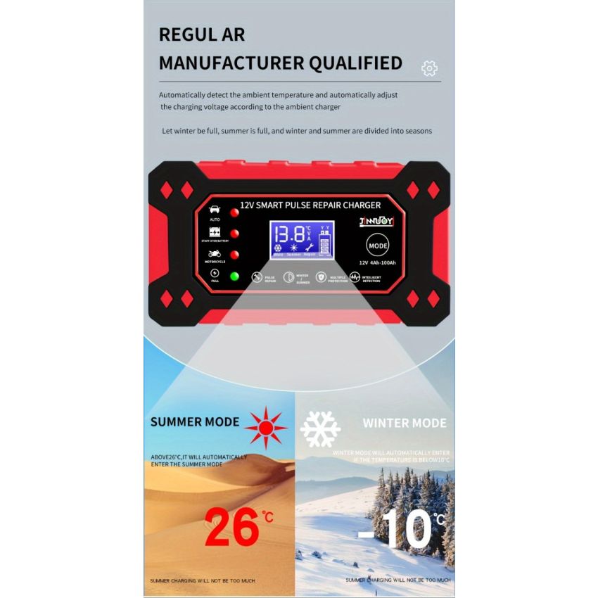 12V 6A Smart Pulse Battery Charger with LCD Display | Auto & Manual Modes, Temperature Compensation, Overcharge Protection | Car & Motorcycle Battery Repair Tool