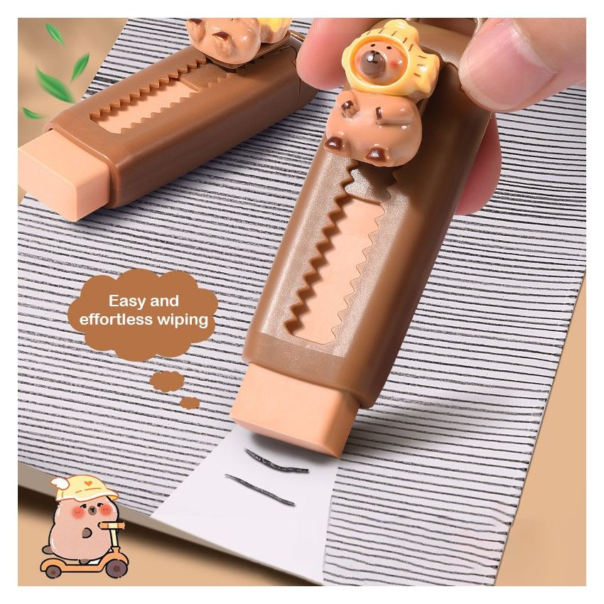 Push Pull Capybara Eraser – Soft Rubber Eraser for Students & Office | Mess-Free Clean Stationery | Cute Kawaii School Supplies for Kids & Adults