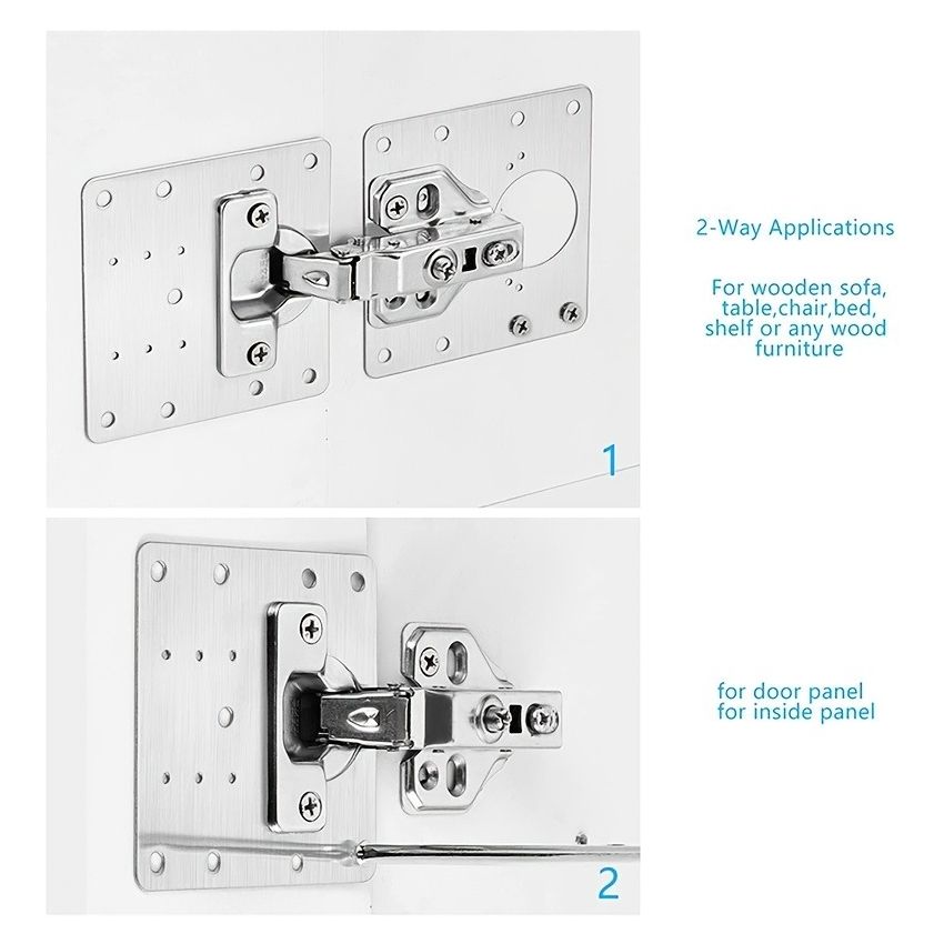 Stainless Steel Hinge Repair Plate Kit – 9x9cm Cabinet Door Fixing Bracket with 6 Screws – Easy Installation for Kitchen Cupboard, Drawer, and Furniture Repair