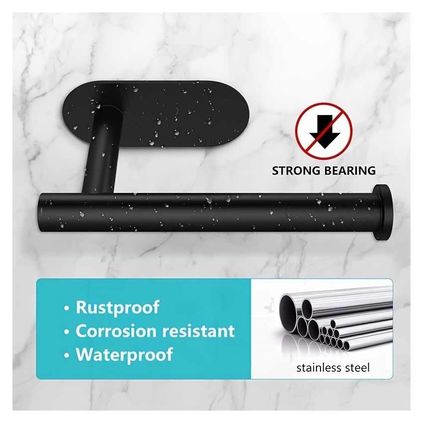 Self-Adhesive Toilet Paper Holder – Black Stainless Steel, Wall-Mounted Without Drilling, Rustproof Bathroom Tissue Holder for Toilet, Kitchen & Shower Towel Storage