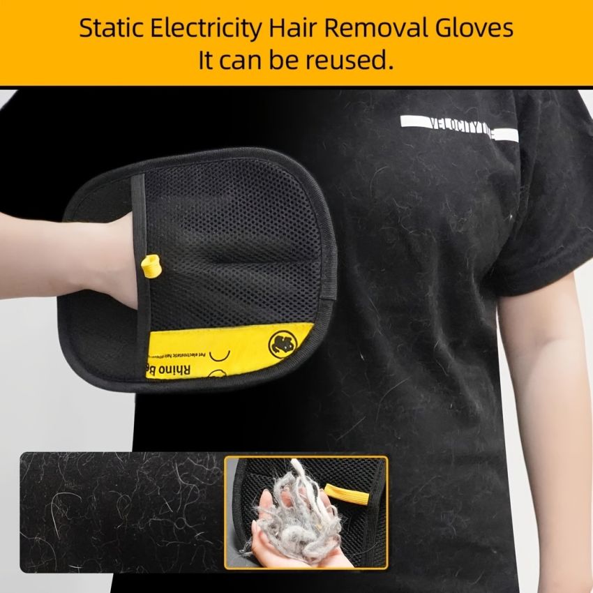 Large Pet Static Hair Removal Gloves – Black Polypropylene Cat & Dog Grooming Gloves with Yellow Accents, 24.99cm x 17.98cm – Effective Hair & Dander Removal, Durable Pet Care Accessory