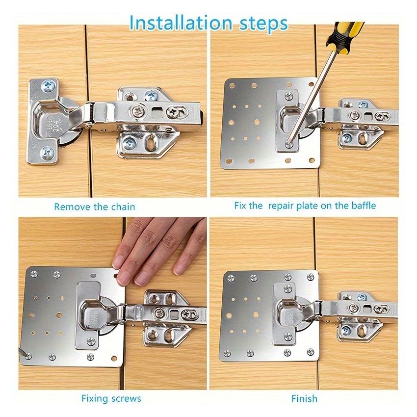 Stainless Steel Hinge Repair Plate Kit – 9x9cm Cabinet Door Fixing Bracket with 6 Screws – Easy Installation for Kitchen Cupboard, Drawer, and Furniture Repair