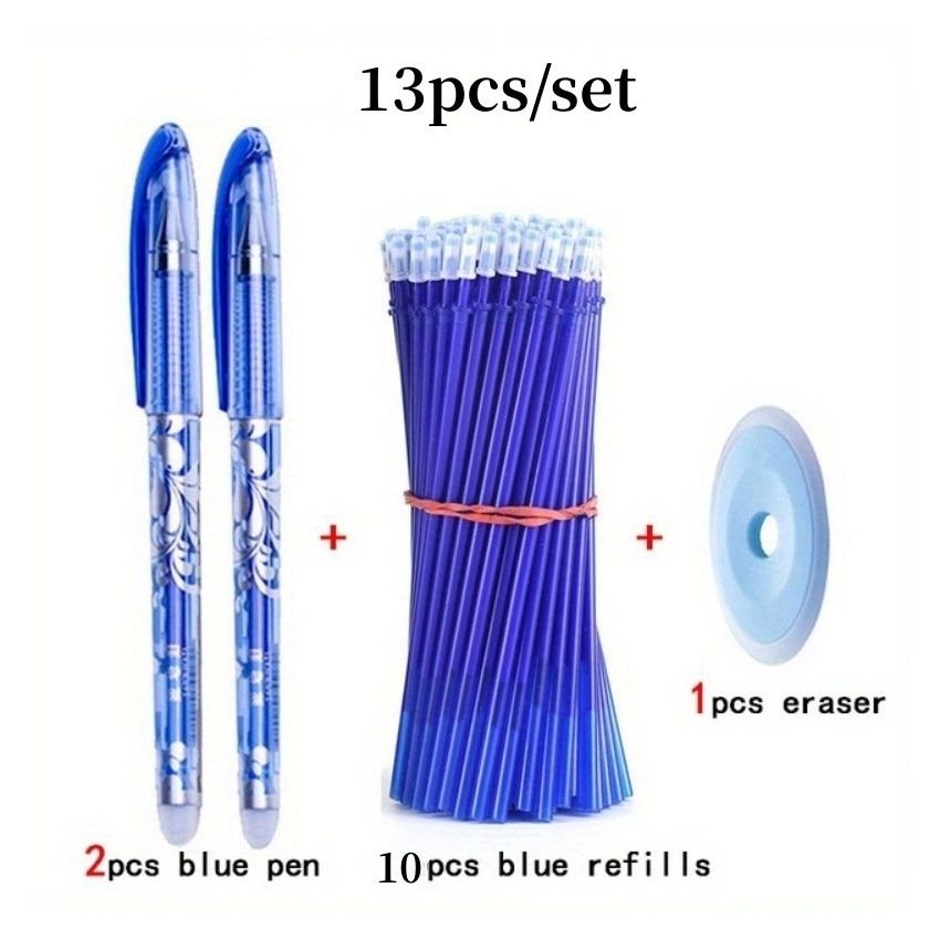 13pcs Erasable Gel Pen Set 0.5mm Blue & Black Ink | Washable Handle, Smooth Writing, Refillable Pens with 10 Refills + 1 Eraser | School & Office Stationery Supplies