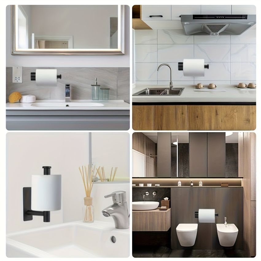 Self-Adhesive Toilet Paper Holder – Black Stainless Steel, Wall-Mounted Without Drilling, Rustproof Bathroom Tissue Holder for Toilet, Kitchen & Shower Towel Storage