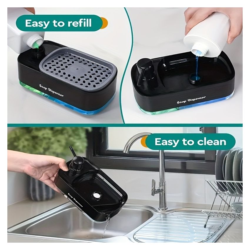 4-in-1 Dish Soap Dispenser Set with Sponge Holder – Leakproof, Battery-Free, Perfect Pump, Plastic Kitchen & Bathroom Soap Dispenser – Christmas/Halloween Gift Idea