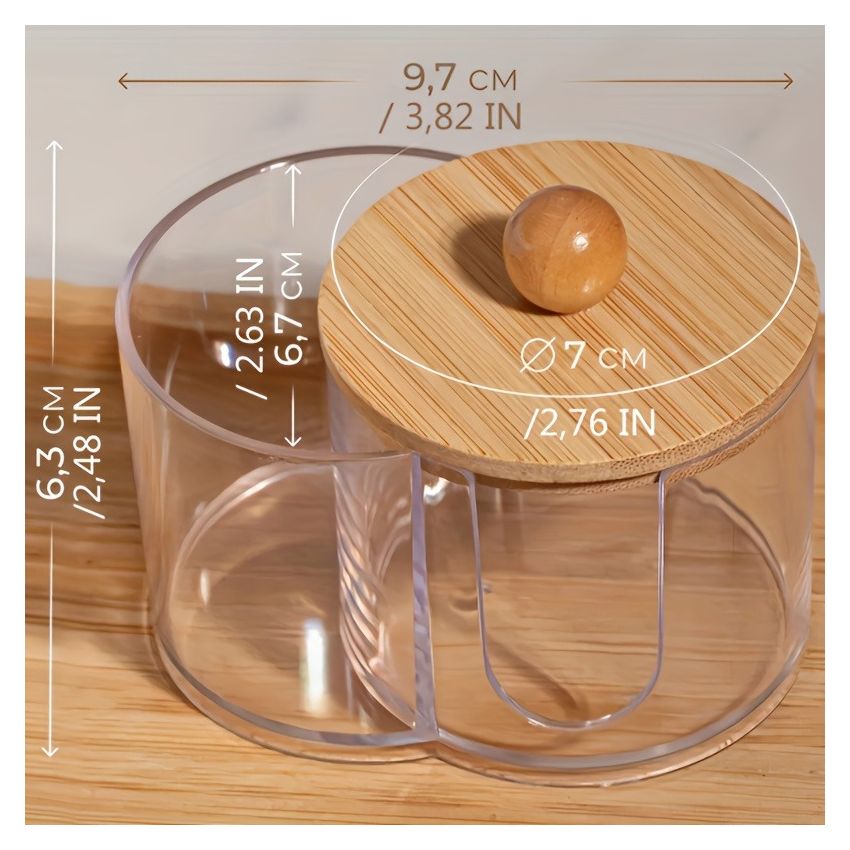 2-in-1 Cotton Swab & Makeup Pad Organizer with Wooden Lid – Dual Compartment Bathroom Storage for Buds, Pads & Beauty Blenders – Space-Saving Vanity Organizer, Clear Design