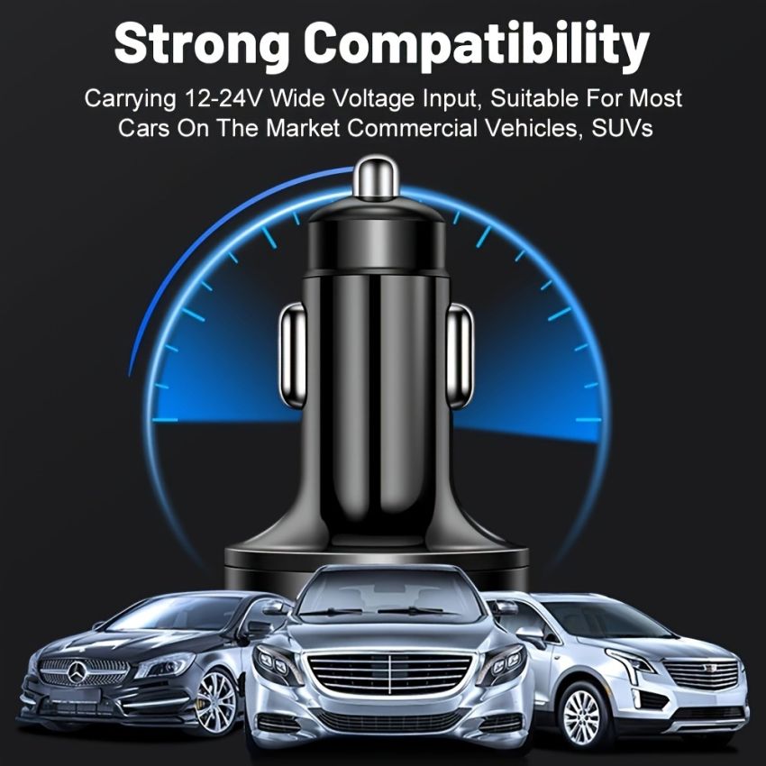 6-in-1 Fast Car Charger USB-C PD & QC3.0, 4 USB Ports, Dual PD Adapter with Voltage Display, Universal Car Phone Charger for iPhone, Samsung, Huawei, Xiaomi – Portable Matte Finish