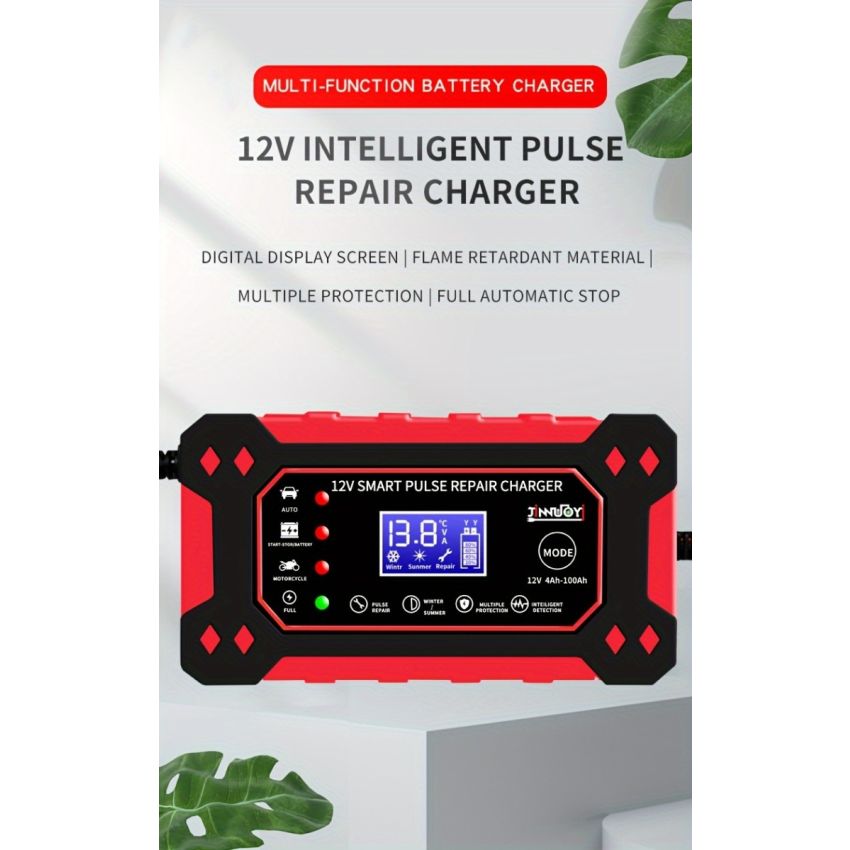 12V 6A Smart Pulse Battery Charger with LCD Display | Auto & Manual Modes, Temperature Compensation, Overcharge Protection | Car & Motorcycle Battery Repair Tool