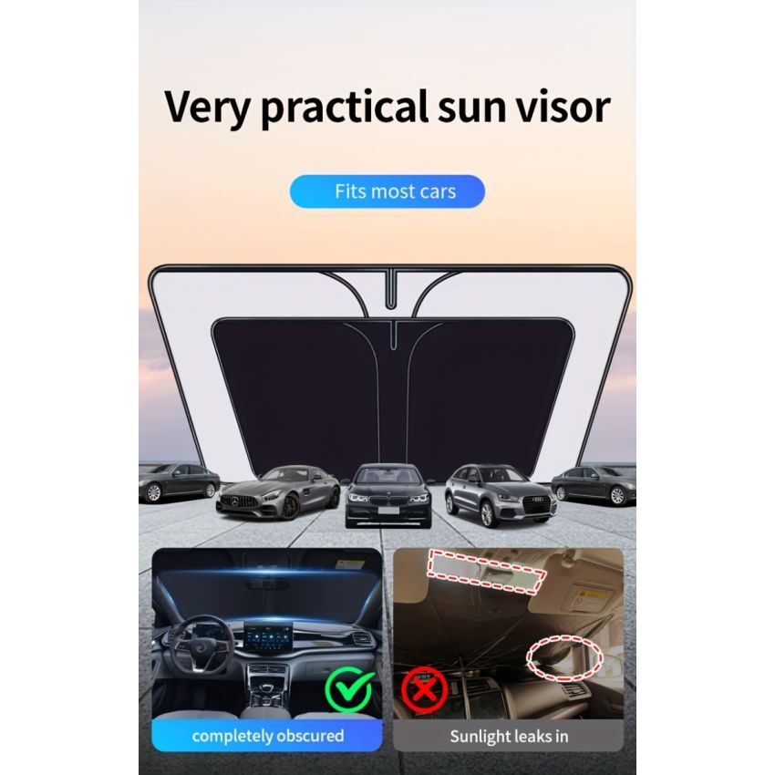 Car Sunshade Front Window Curtain – Windshield Heat Shield Sunblock Panel 139.7cm x 76.96cm, UV Protection, Interior Cooling Sun Shade for Cars, Trucks & SUVs | Easy Install