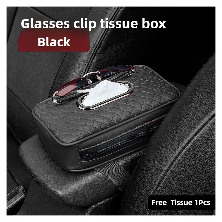 PU Leather Car Tissue Box Holder with Glasses Clip – Multi-Functional Organizer for Sun Visor & Center Console – Includes 1 Tissue, 6 Colors, Stylish Dashboard Car Decor