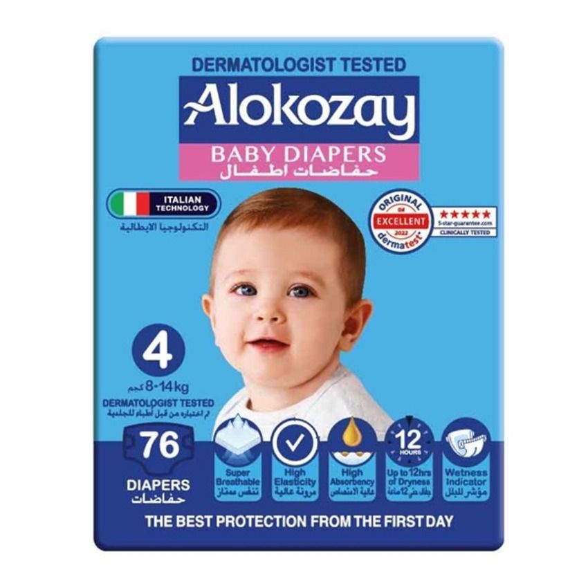 Alokozay Premium Baby Diapers Size 4 (8-14 kg) 76 Diapers | Dermatologist Tested | Super Breathable | High Elasticity | High Absorbency | Up to 12hrs of Dryness | Wetness Indicator