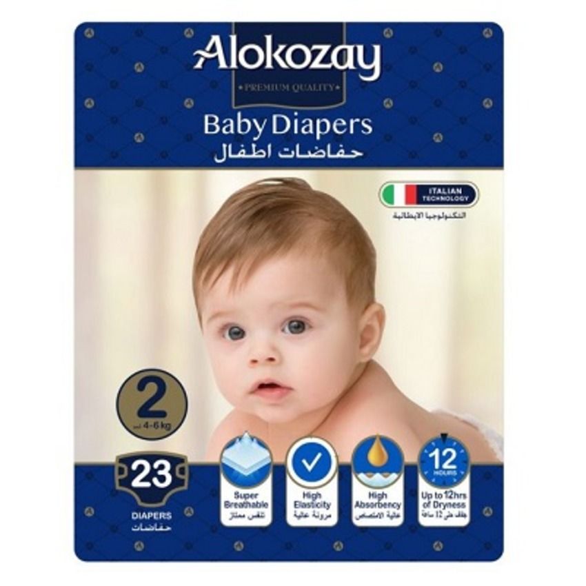 Alokozay Premium Baby Diapers, Size 2, for 4-6 kg Babies, 23 Diapers, Super Breathable, High Elasticity, High Absorbency, Up to 12hrs of Dryness, Wetness Indicator