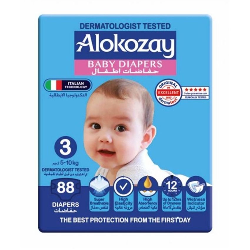 Alokozay Premium Baby Diapers, Size 3, for Babies 5-10 kg, 88 Diapers, Dermatologist Tested, Super Breathable, High Elasticity, High Absorbency, Upto 12hrs of Dryness, Wetness Indicator