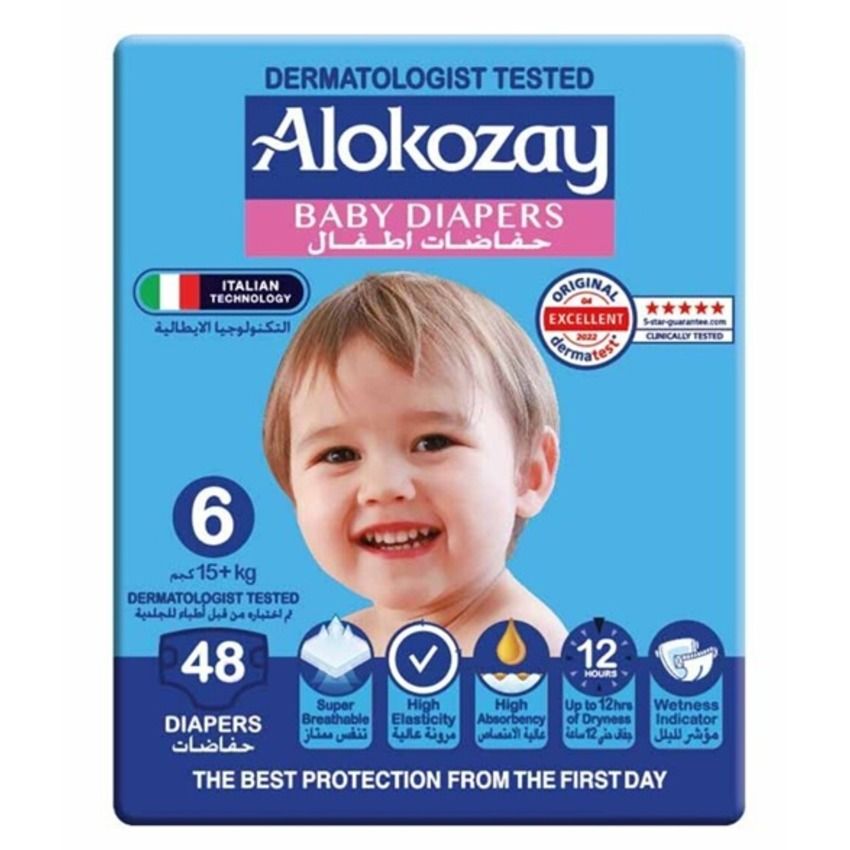 Alokozay Premium Baby Diapers, Size 6, 48 Diapers, Designed for Babies 15+ kg, Dermatologist Tested, Super Breathable, High Elasticity, High Absorbency, Up to 12hrs Dryness, Wetness Indicator