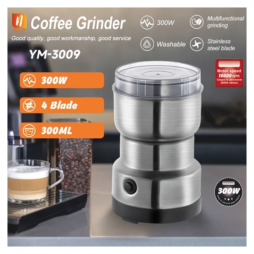 High-Power Electric Coffee & Grain Grinder – 25,000 RPM Fast Grinding, Stainless Steel Blades, Compact Multi-Purpose Kitchen Tool for Coffee, Spices & Nuts – Durable & Sleek Design