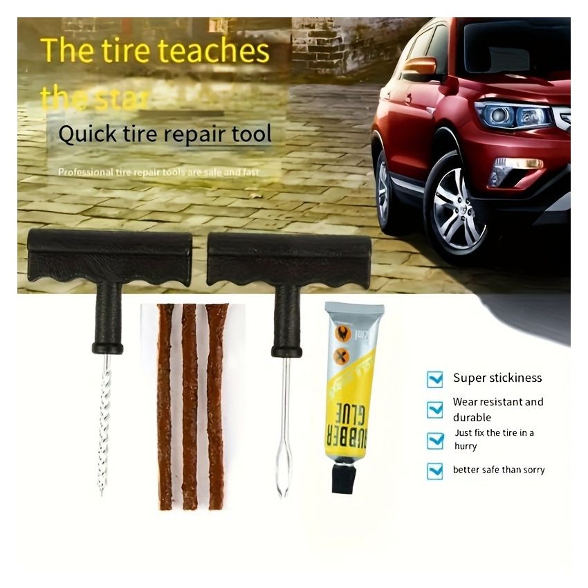 Tire Repair Kit for Cars & Motorcycles – Emergency On-the-Go Tire Fix Kit with Durable Tire Lever, Glue Strips & Screws, Essential Tire Changing Tools