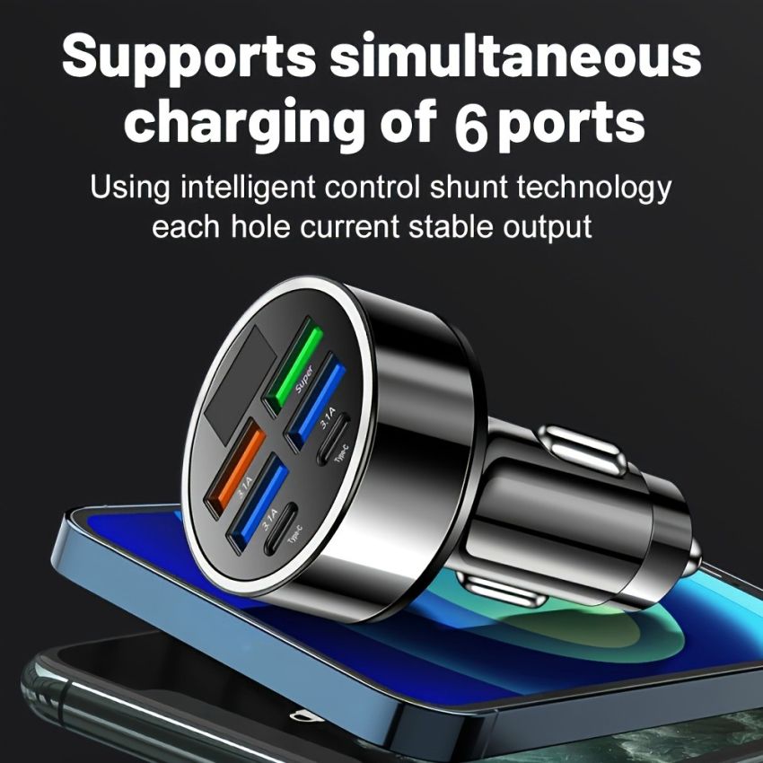 6-in-1 Fast Car Charger USB-C PD & QC3.0, 4 USB Ports, Dual PD Adapter with Voltage Display, Universal Car Phone Charger for iPhone, Samsung, Huawei, Xiaomi – Portable Matte Finish