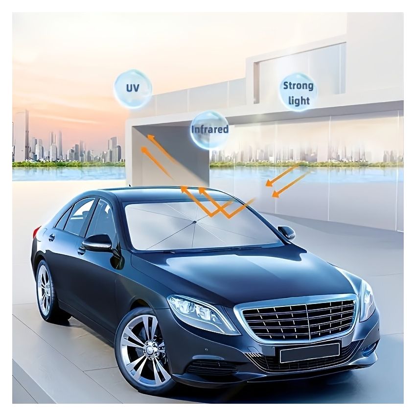 Compact Roll-Up Car Sunshade for Front Window – UPF50+ UV Protection & Heat Insulation, Easy-to-Use Black Umbrella Design, Universal Fit Sun Protection Curtain, Auto Interior Accessory