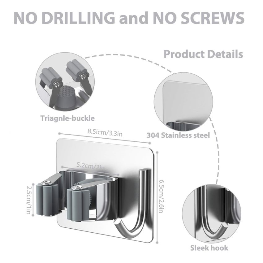 Organize Your Kitchen with this No-Drill SUS304 Stainless Steel Mop Broom Holder - Heavy Duty Wall Mount Hook Hanger Storage Rack for Home Garage Bathroom Cleaning Tools