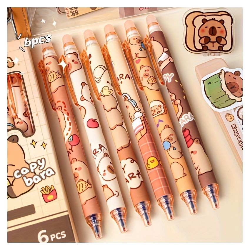 6pcs Capybara Erasable Gel Pen Set – Blue Ink, Retractable Smooth Writing, Fast-Drying, Refillable Office & School Stationery, Cute Elegant Design