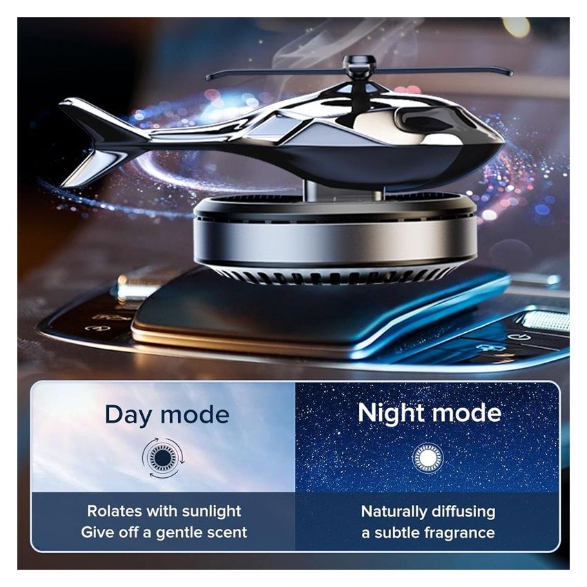 Solar-Powered Helicopter Car Air Freshener – Auto Rotating Aviation Alloy Dashboard Diffuser, Long-Lasting Aromatherapy Car Interior Decoration, Creative Aircraft Gift for Drivers