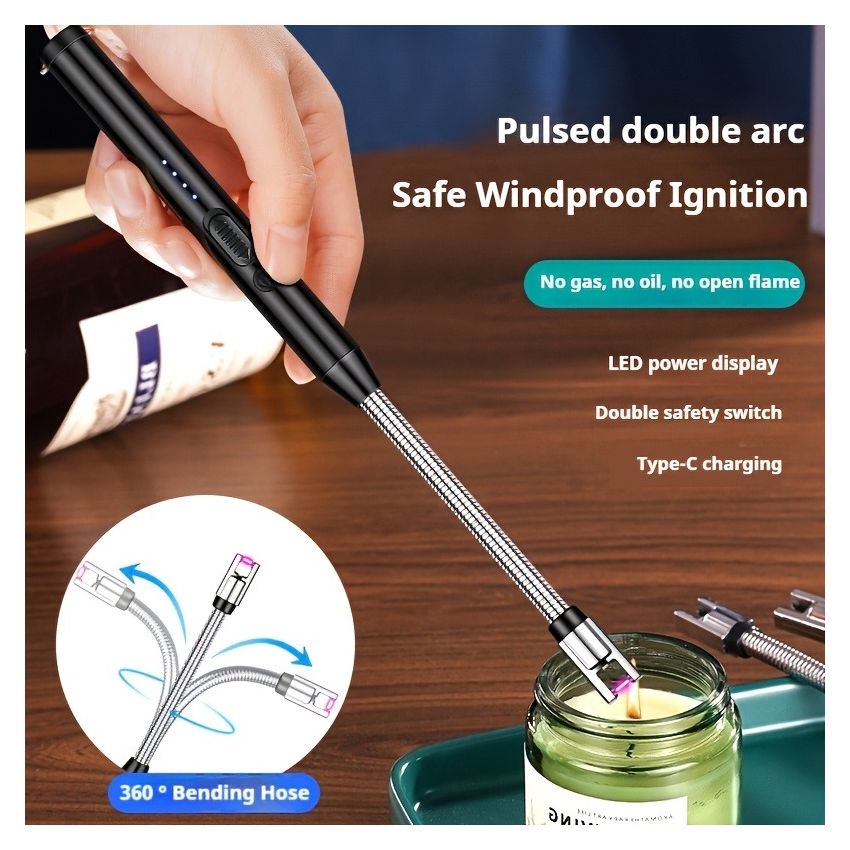Candle Lighter USB Rechargeable Arc Plasma Igniter, Electric Long Match with LED Battery Display, 360° Flexible Neck, Windproof Flameless for Candles, BBQ, Camping, Gas Stove