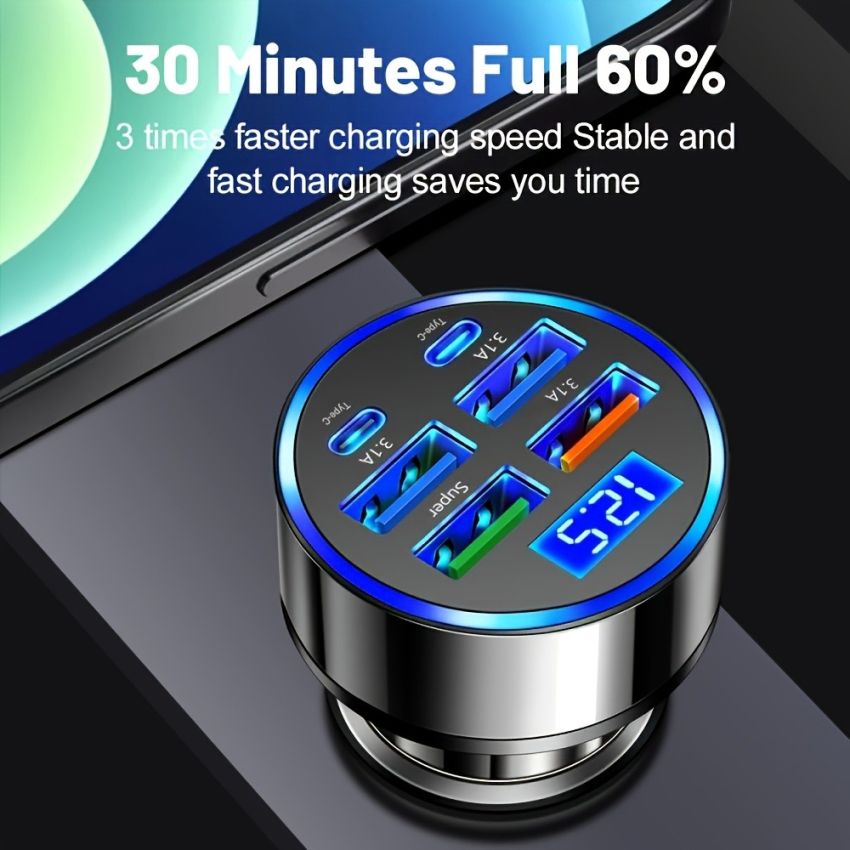 6-in-1 Fast Car Charger USB-C PD & QC3.0, 4 USB Ports, Dual PD Adapter with Voltage Display, Universal Car Phone Charger for iPhone, Samsung, Huawei, Xiaomi – Portable Matte Finish