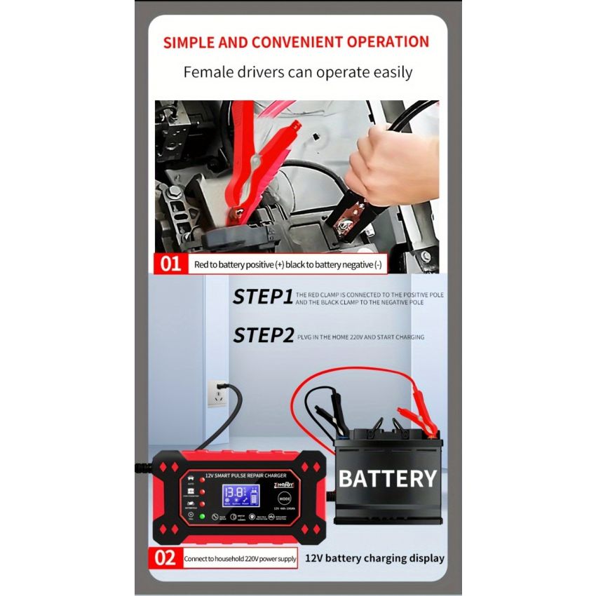 12V 6A Smart Pulse Battery Charger with LCD Display | Auto & Manual Modes, Temperature Compensation, Overcharge Protection | Car & Motorcycle Battery Repair Tool