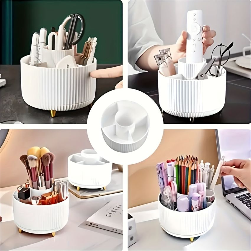 360° Rotating Makeup Organizer – 5-Compartment Cosmetic & Desk Storage Caddy, Durable Plastic, Luxury Stripe Design, Gold-Toned Accents, Brush & Skincare Holder