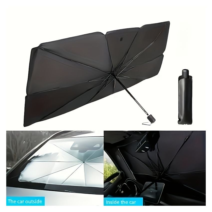 Compact Roll-Up Car Sunshade for Front Window – UPF50+ UV Protection & Heat Insulation, Easy-to-Use Black Umbrella Design, Universal Fit Sun Protection Curtain, Auto Interior Accessory