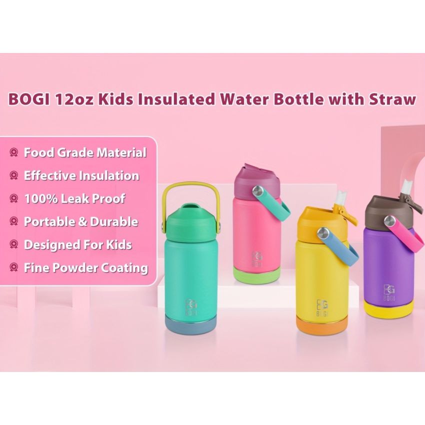 BOGI Kids Insulated Stainless Steel Water Bottle with Straw – 12oz/350ml Leak-Proof BPA-Free Reusable Bottle for School, Sports & Travel – Dishwasher Safe, Pink with Teal Accents