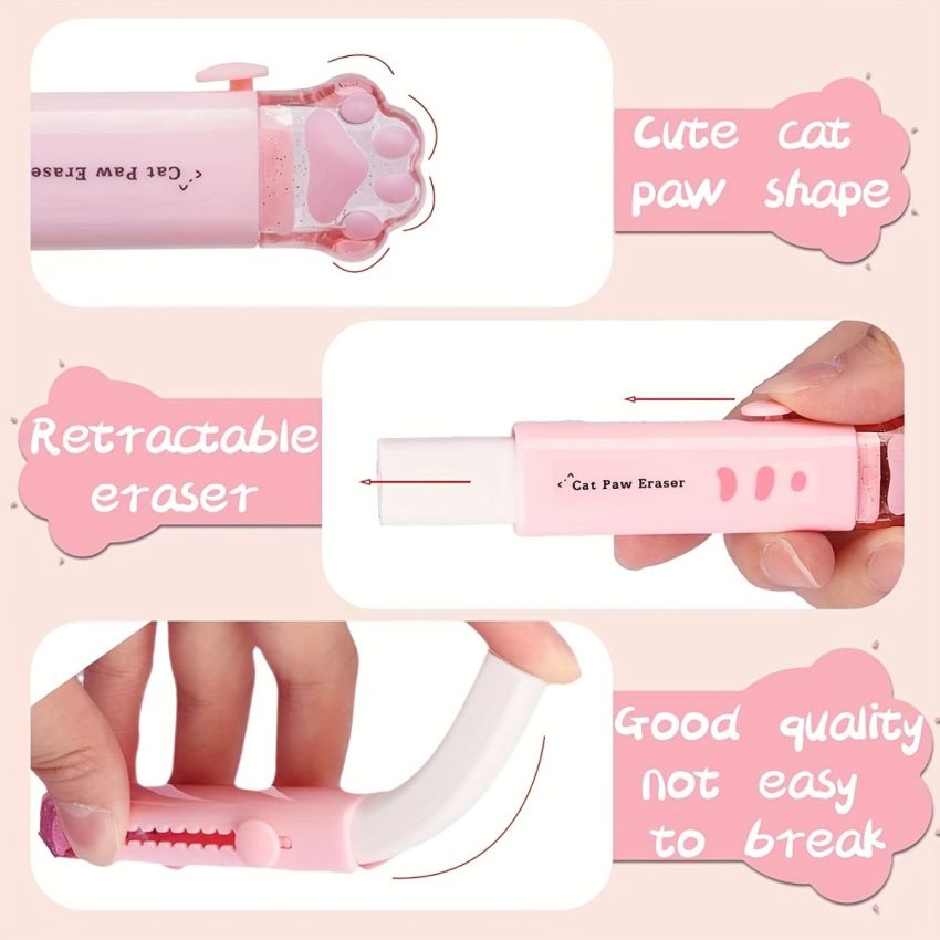 1pc Cute Cat Paw Retractable Eraser – Kawaii Cartoon Push-Pull Rubber Eraser for School, Office & Art Drawing – Fun Stationery Gift for Kids & Students