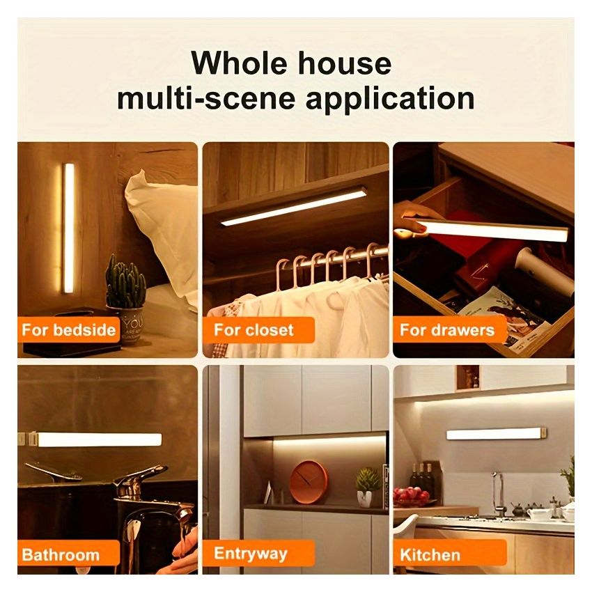50cm Wireless LED Under Cabinet Light with Motion Sensor, Ultra-Thin Magnetic Strip, USB Rechargeable Indoor Lighting for Kitchen, Hallway, Wardrobe & Stairs