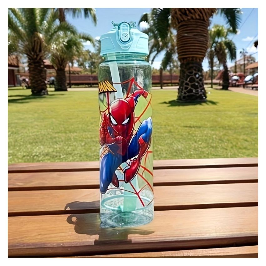 Marvel Spider-Man Sports Water Bottle 800ml – Leakproof Flip-Top with Straw, Transparent Cartoon Design, Portable Large Capacity Bottle for Kids & Adults, Outdoor Fitness Travel Gift