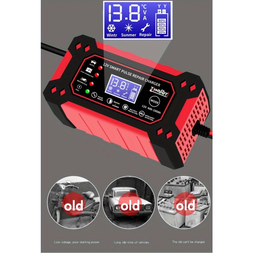 12V 6A Smart Pulse Battery Charger with LCD Display | Auto & Manual Modes, Temperature Compensation, Overcharge Protection | Car & Motorcycle Battery Repair Tool