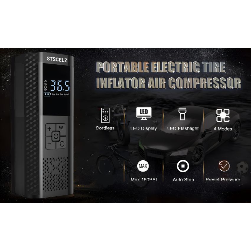 Portable Air Compressor Tire Inflator 150 PSI – Cordless Smart Car Tire Pump with Pressure Gauge, LED Light, Auto Shutoff – Fast 3X Inflation for Cars, Motorcycles, Bicycles & Balls