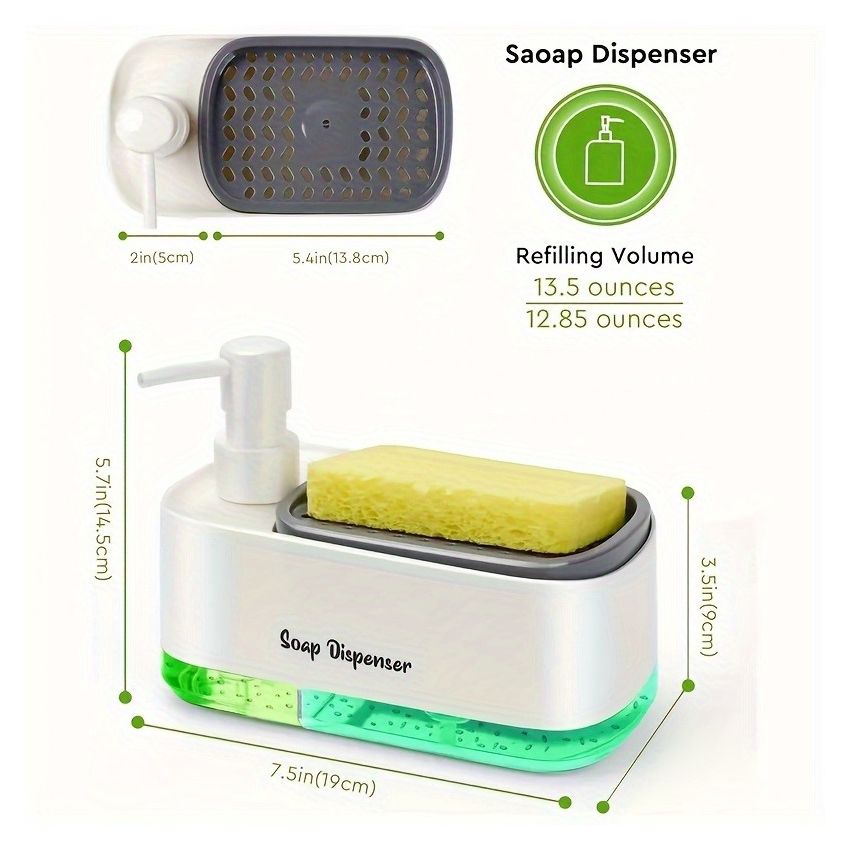 4-in-1 Dish Soap Dispenser Set with Sponge Holder – Leakproof, Battery-Free, Perfect Pump, Plastic Kitchen & Bathroom Soap Dispenser – Christmas/Halloween Gift Idea