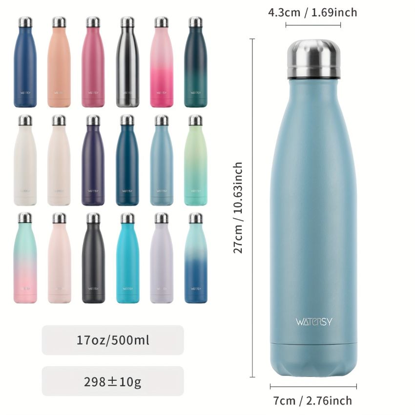 WATERSY 500ml Stainless Steel Water Bottle – Insulated Travel Flask, BPA-Free, Leak-Proof, Dishwasher Safe – Keeps Drinks Cold 24H & Hot 12H – Sports, Gym, Cycling, Outdoor