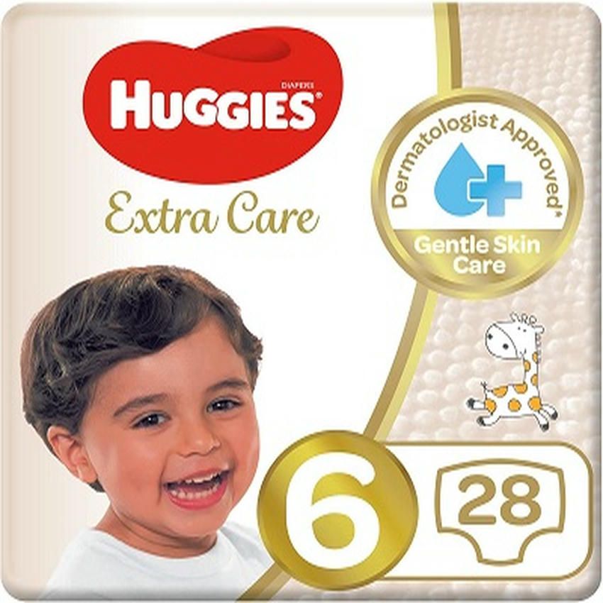 Huggies Extra Care Diapers Size 6 (15+kg) 28 Pack Gentle Skin Care 3 Absorbent Channels Even Wetness Distribution Stretchy Waistband Breathable Soft 0% Perfume Latex-Free Chlorine-Free