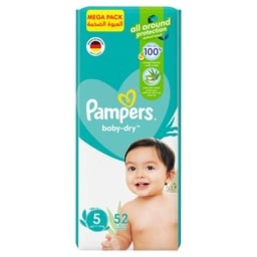 Pampers Baby Dry Mega Pack (5) 11-16kg 52 Diapers | Size 5 Nappies for Day & Night Dryness | Air Channels | Leak Protection | Soft & Comfortable Fit