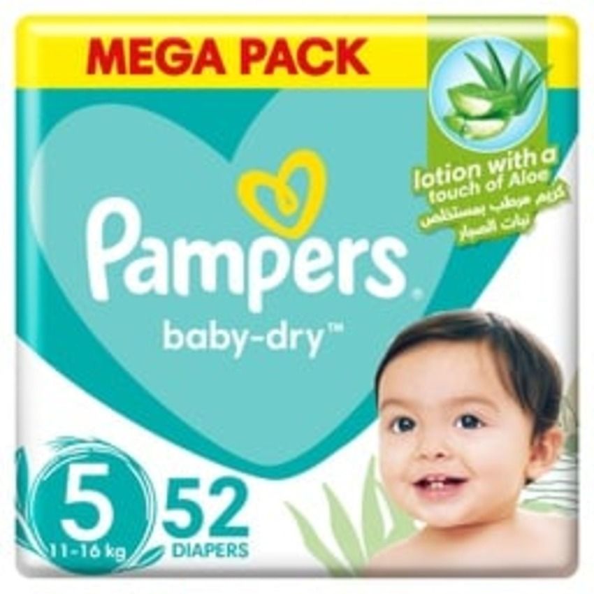 Pampers Baby Dry Mega Pack (5) 11-16kg 52 Diapers | Size 5 Nappies for Day & Night Dryness | Air Channels | Leak Protection | Soft & Comfortable Fit