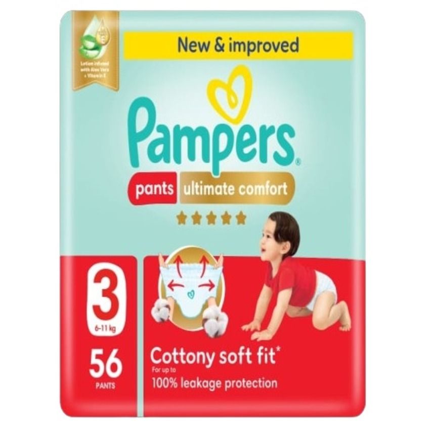 Pampers Ultimate Comfort Pants Diapers, Size 3, for Babies Weighing 6-11kg, with a Pack Containing 56 Pants – Soft, Dry, and Flexible Baby Diapers for Daily Use