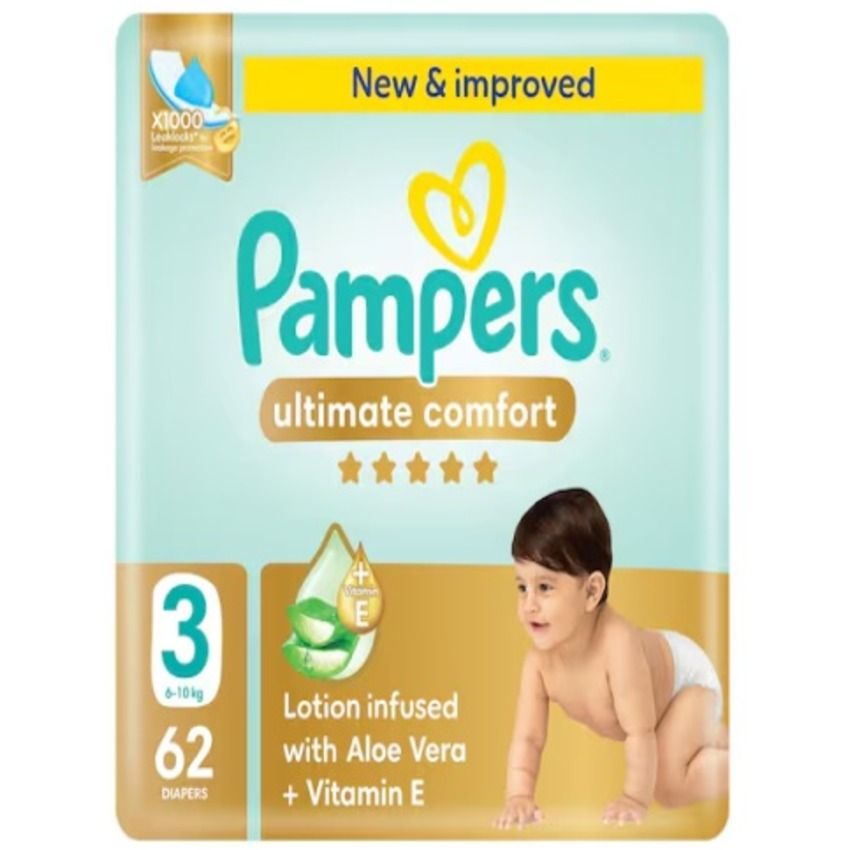 Pampers Ultimate Comfort Taped Diapers, Size 3, 6-10kg, Mega Pack, 62 pcs Diapers for Babies, Super Absorbent, Soft & Gentle Skin Protection