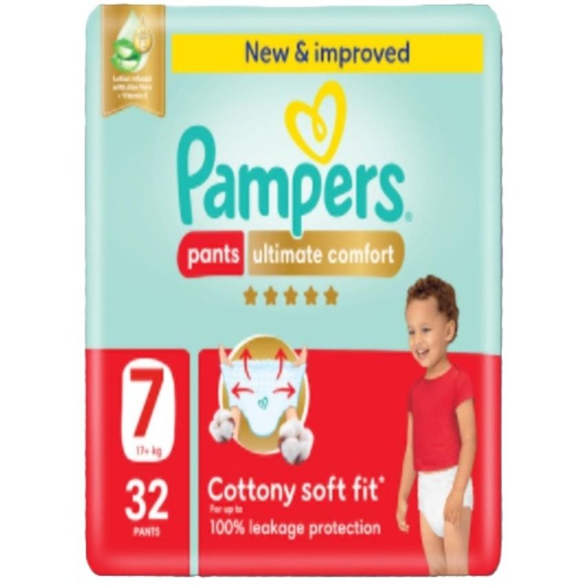 Pampers Ultimate Comfort Pants Diapers, Size 7 (17+ kg), 32 Pants, New & Improved | Cottony Soft Fit for Ultimate Comfort & Dryness | Easy Pull-Up Diapers for Active Toddlers