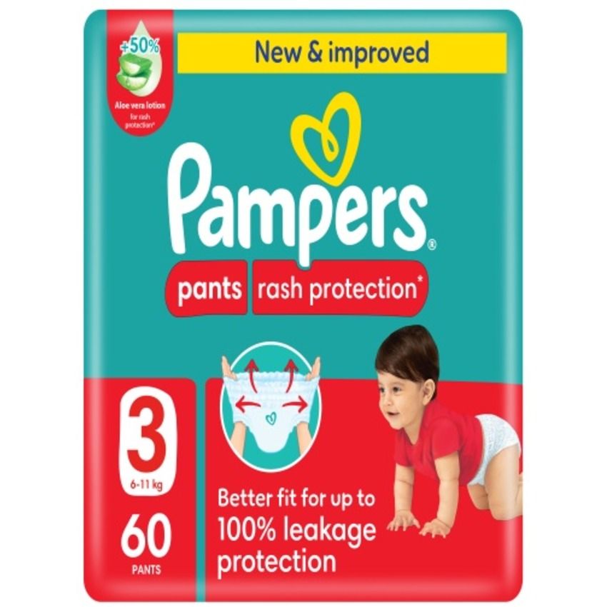 Pampers Rash Protection Pants Diapers, Size 3, 6-11kg 60 pcs Diapers – Baby Pants Diaper with Rash Guard and 100% Leakage Protection