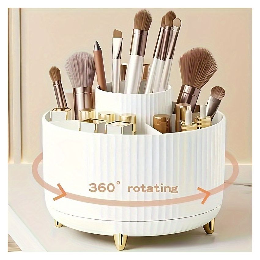 360° Rotating Makeup Organizer – 5-Compartment Cosmetic & Desk Storage Caddy, Durable Plastic, Luxury Stripe Design, Gold-Toned Accents, Brush & Skincare Holder