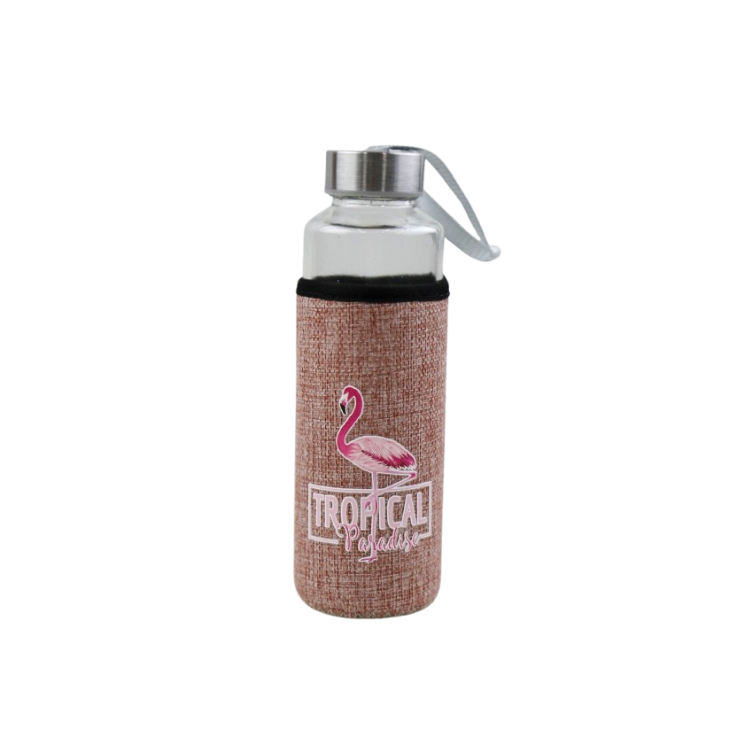Glass Water Bottle .4L Flamingo Tropical Design-Steel Cap