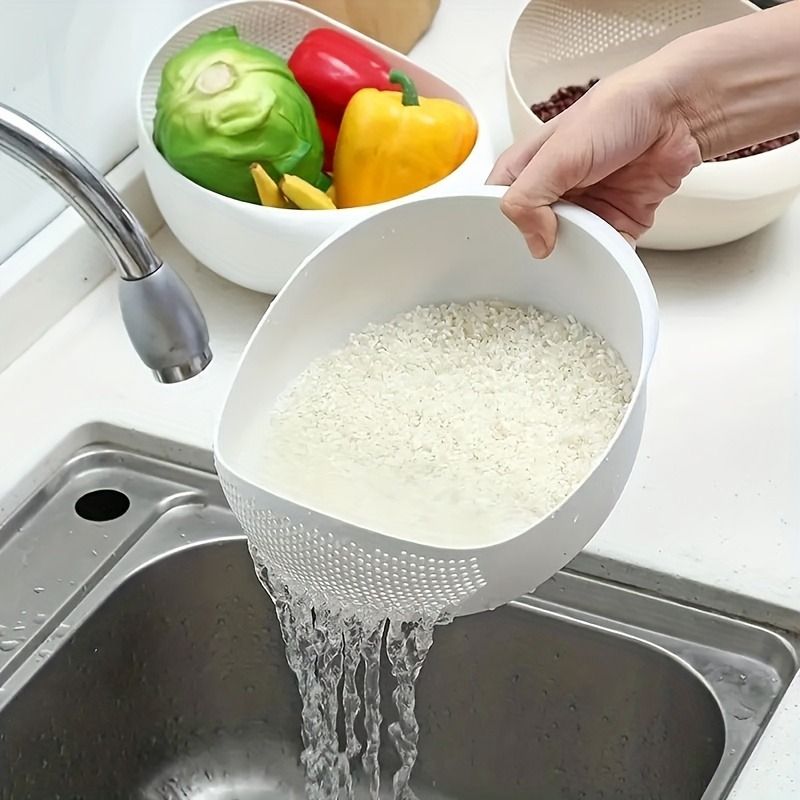 Versatile Plastic Bowl with Strainer – Multi-Functional Kitchenware for Washing Rice, Fruits & Vegetables – Durable, Easy to Use, No Power Required – Dormitory & Home Essentials