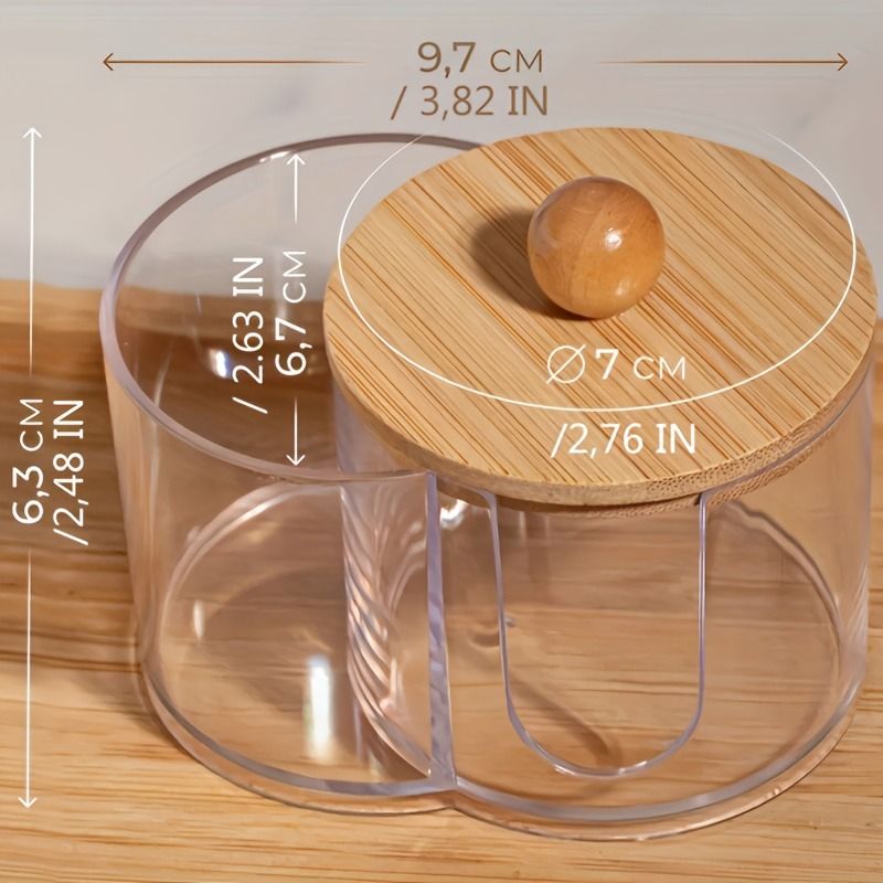 2-in-1 Cotton Swab & Makeup Pad Organizer with Wooden Lid – Dual Compartment Bathroom Storage for Buds, Pads & Beauty Blenders – Space-Saving Vanity Organizer, Clear Design