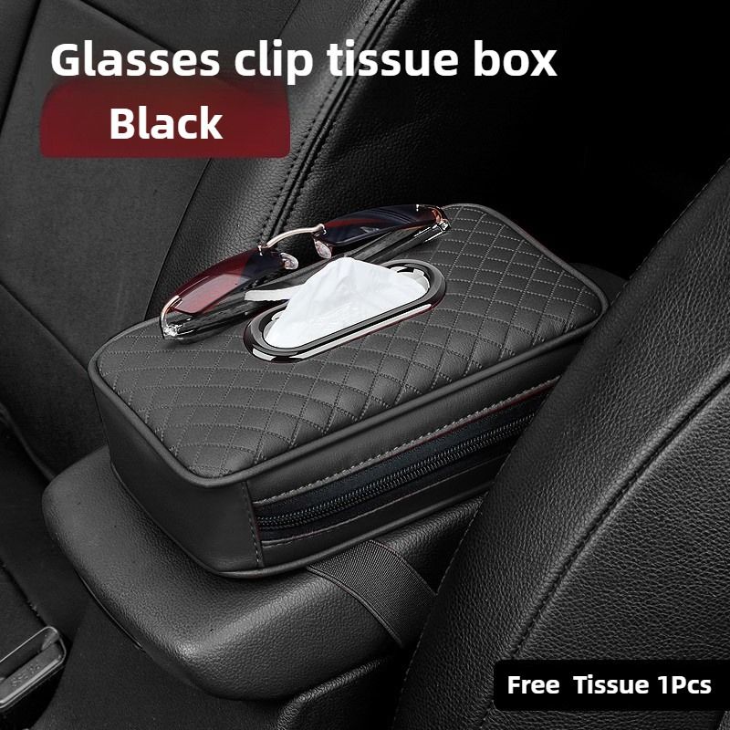 PU Leather Car Tissue Box Holder with Glasses Clip – Multi-Functional Organizer for Sun Visor & Center Console – Includes 1 Tissue, 6 Colors, Stylish Dashboard Car Decor
